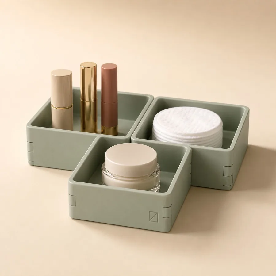 Sage green modular vanity organizers holding cosmetics