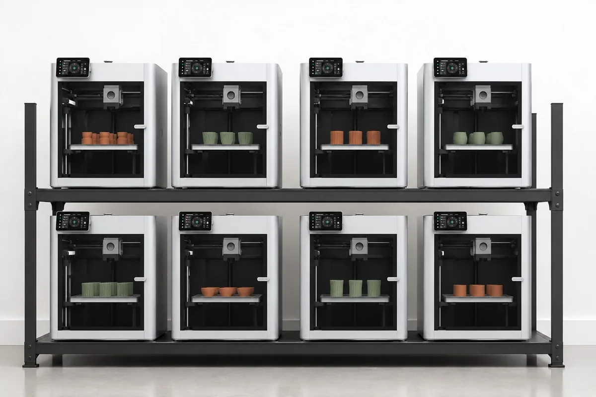 MC3D production floor: eight Bambu Lab X1 Carbon 3D printers, four per shelf on premium black shelving, producing terracotta and sage cosmetic accessories against a white wall
